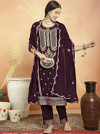 Jyoti Fashion Women's Wine Velvet Cording with Resham Thread & Sequin Kurta with Trouser & Dupatta | Grocsy