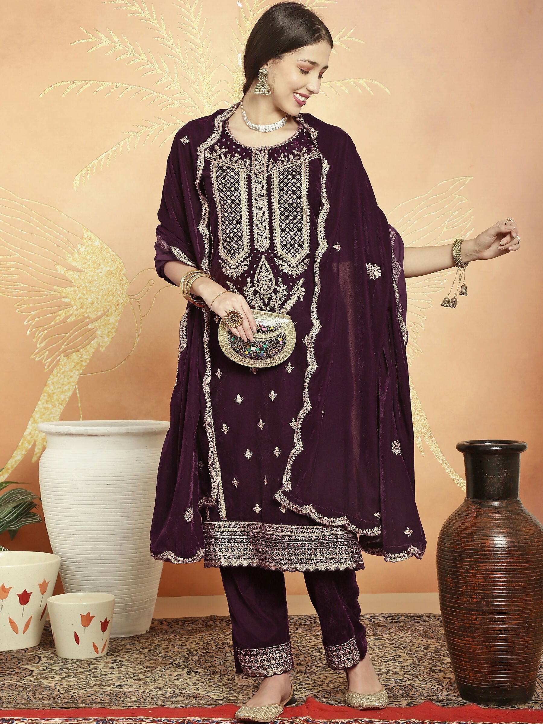 Jyoti Fashion Women's Wine Velvet Cording with Resham Thread & Sequin Kurta with Trouser & Dupatta | Grocsy