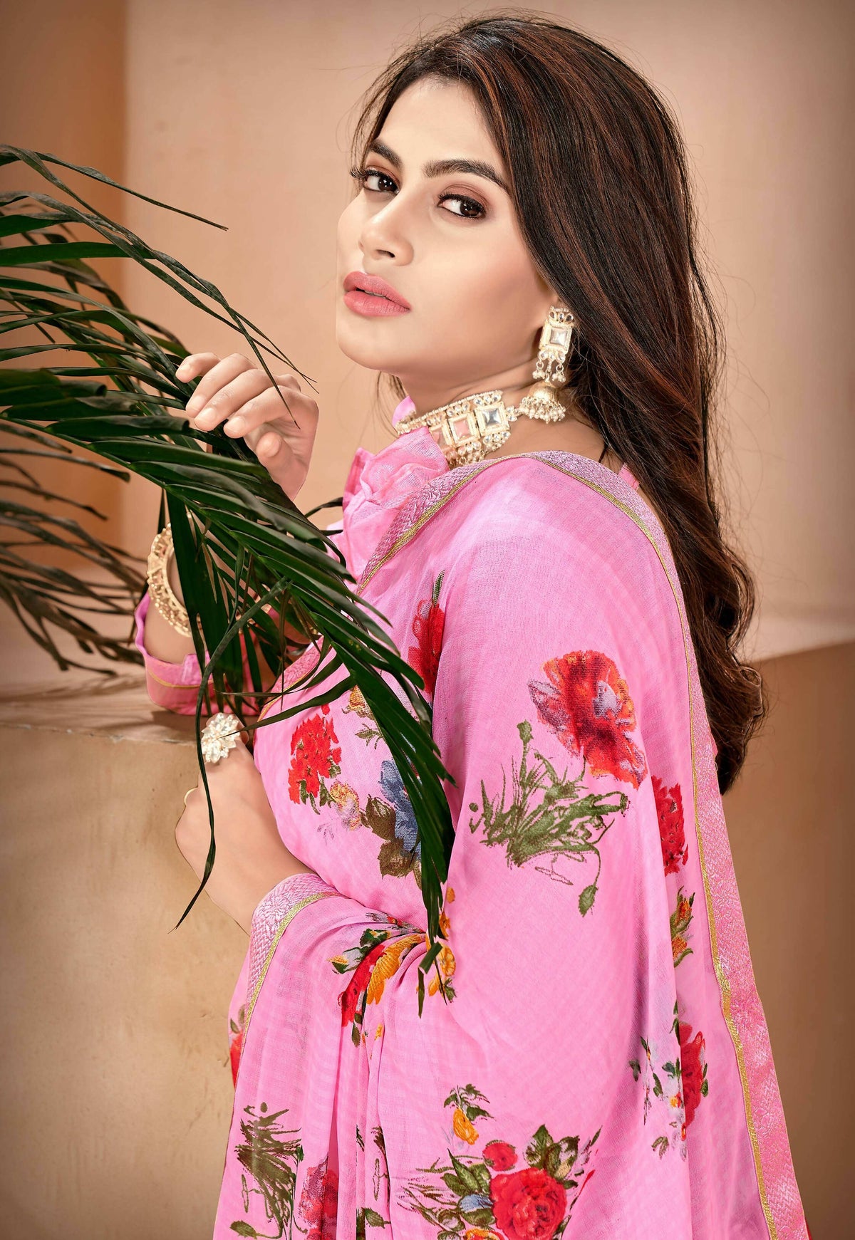 Pink Georgette Floral Printed Saree With Unstitched Blouse Piece - Jyoti | Grocsy