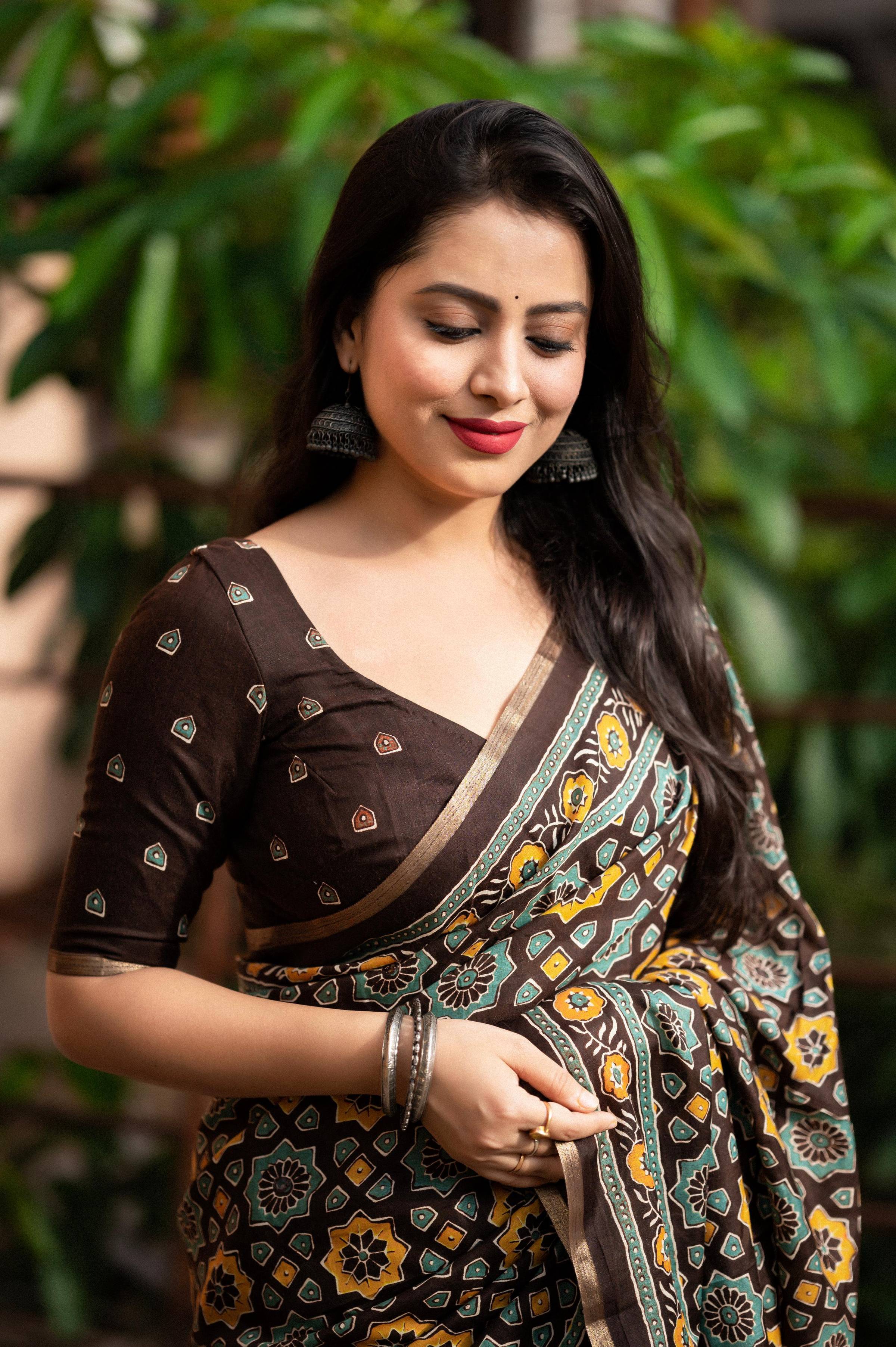 Coffee Cotton Blend Ajrak Saree with Unstitched Blouse - Hiral Fashion | Grocsy