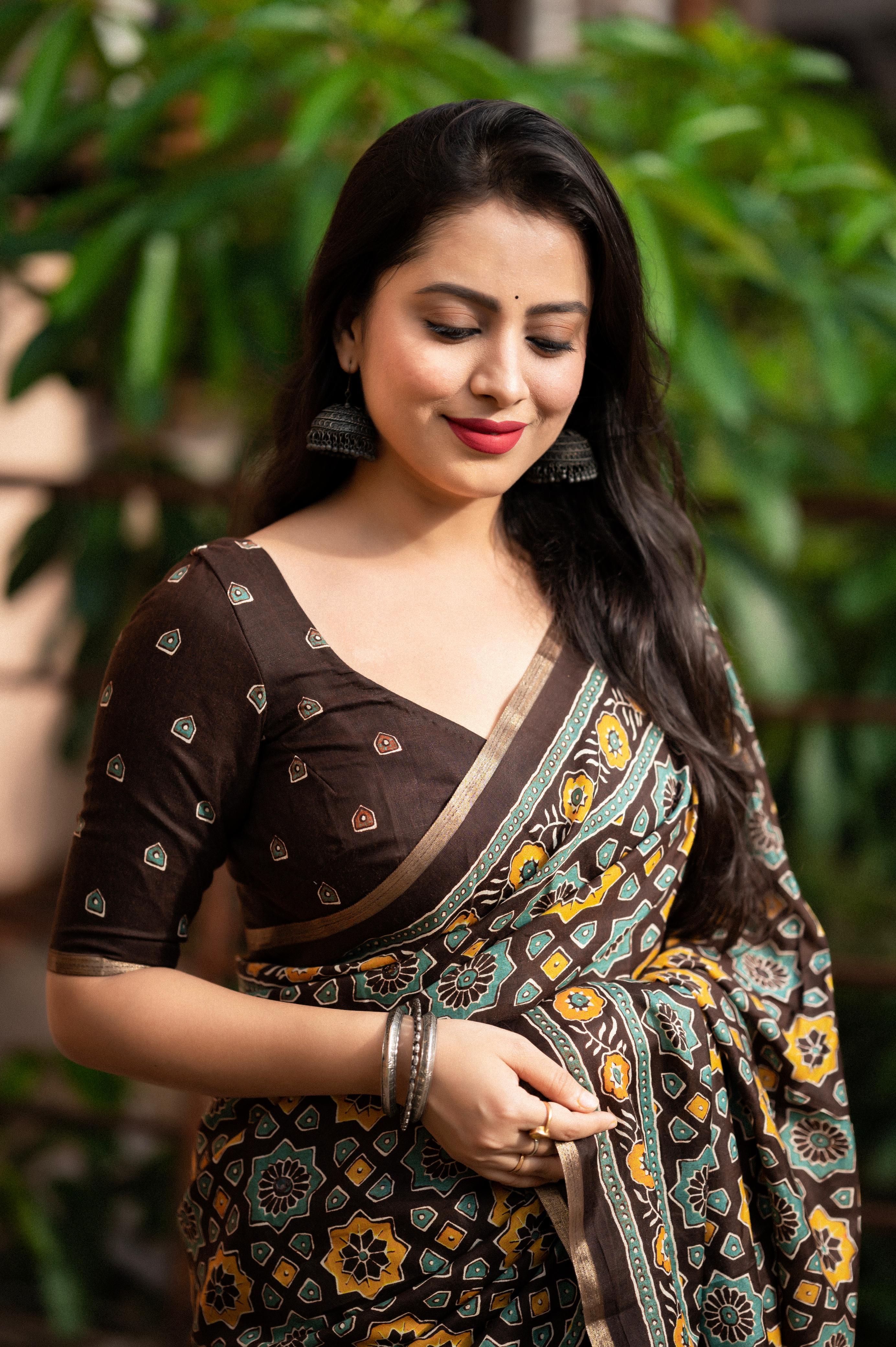 Coffee Cotton Blend Ajrak Saree with Unstitched Blouse - A2M | Grocsy