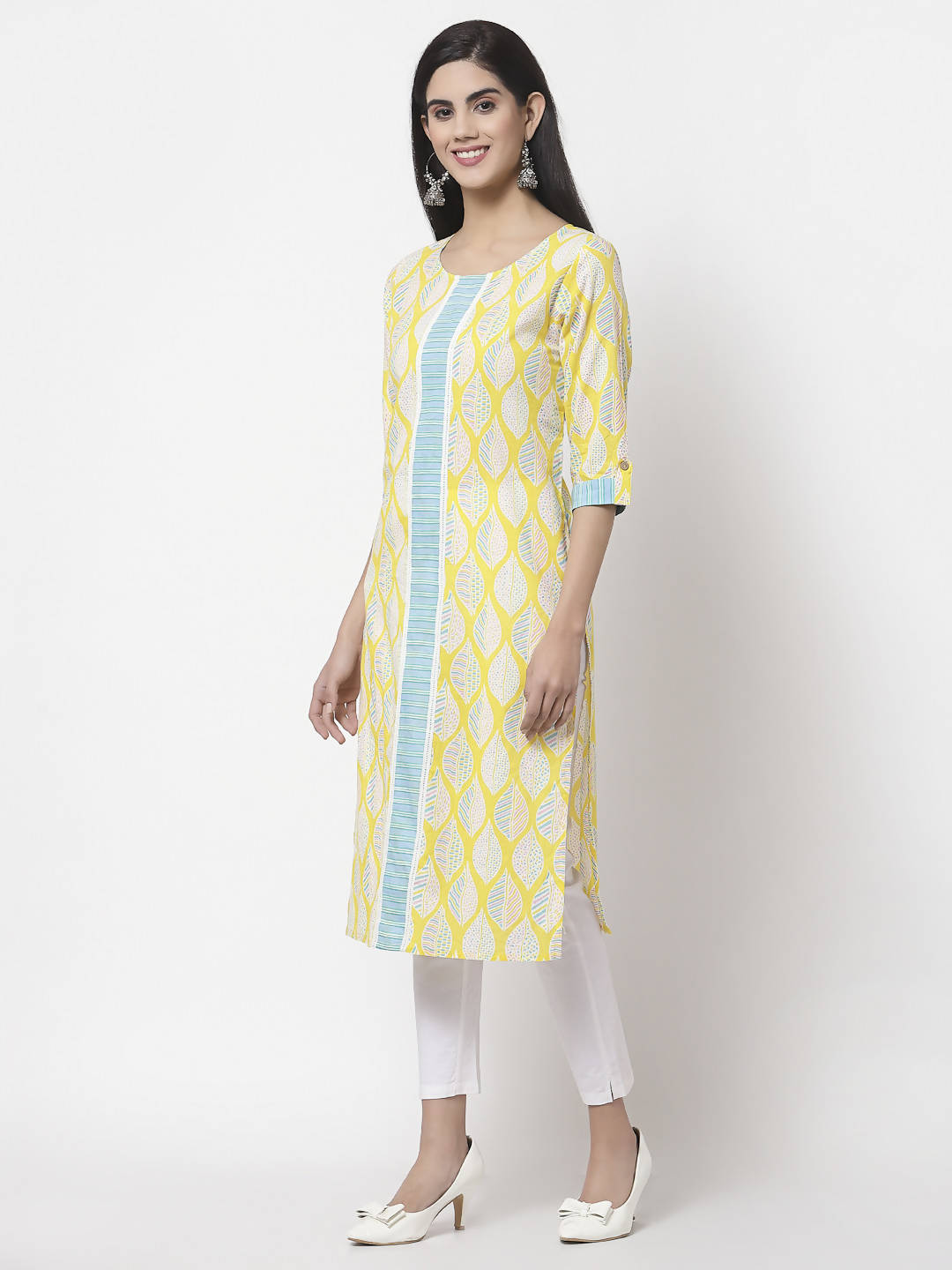 Myshka Women Yellow Cotton Printed 3/4 Sleeve Round Neck Kurta | Grocsy