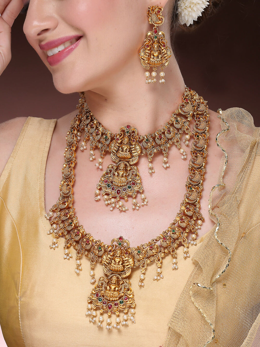 NVR Women's Set of 2 Gold-Polished Green & Red Stone Studded Lakshmi Design Temple Jewellery Set | Grocsy