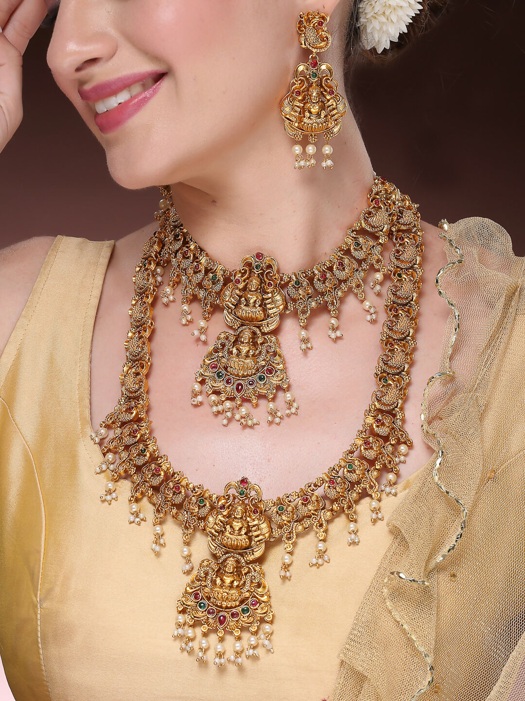 NVR Women's Set of 2 Gold-Polished Green & Red Stone Studded Lakshmi Design Temple Jewellery Set | Grocsy