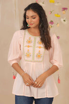 Juniper Women Peach Cotton Dobby Embroidered A-Line Tunic | Grocsy