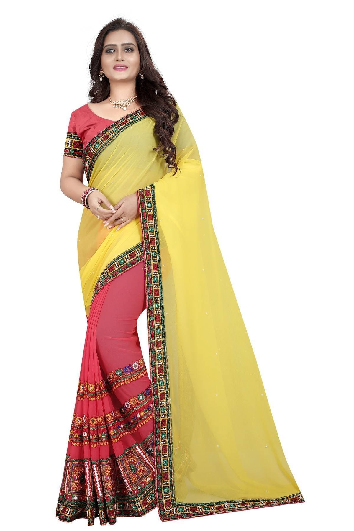 Vamika Peach & Yellow Georgette Designer Saree | Grocsy