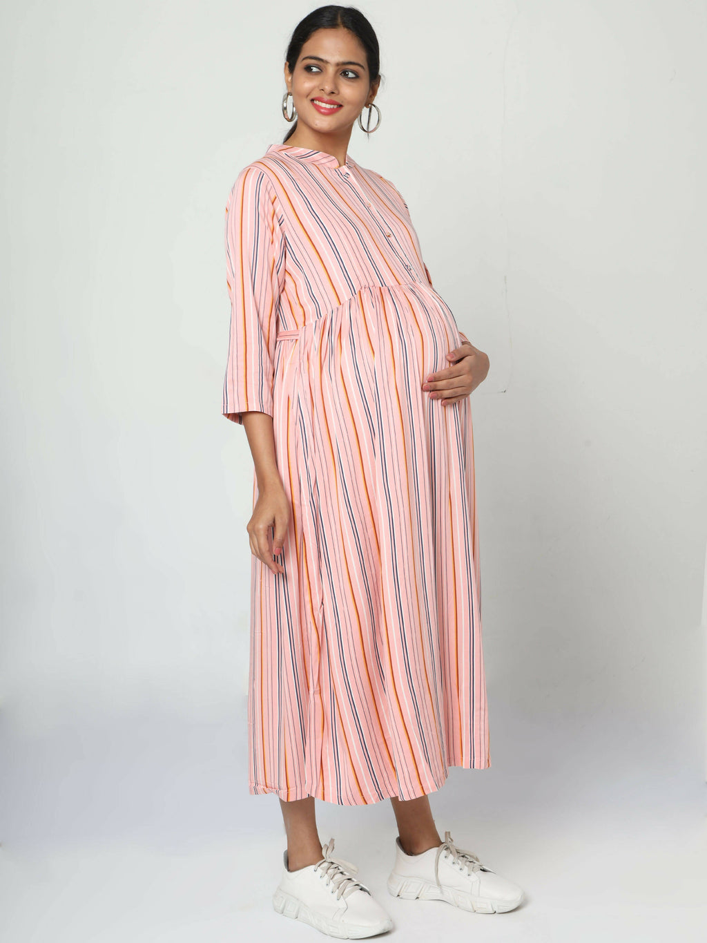 Manet Three Fourth Maternity Dress Strip Print With Concealed Zipper Nursing Access - Pink | Grocsy