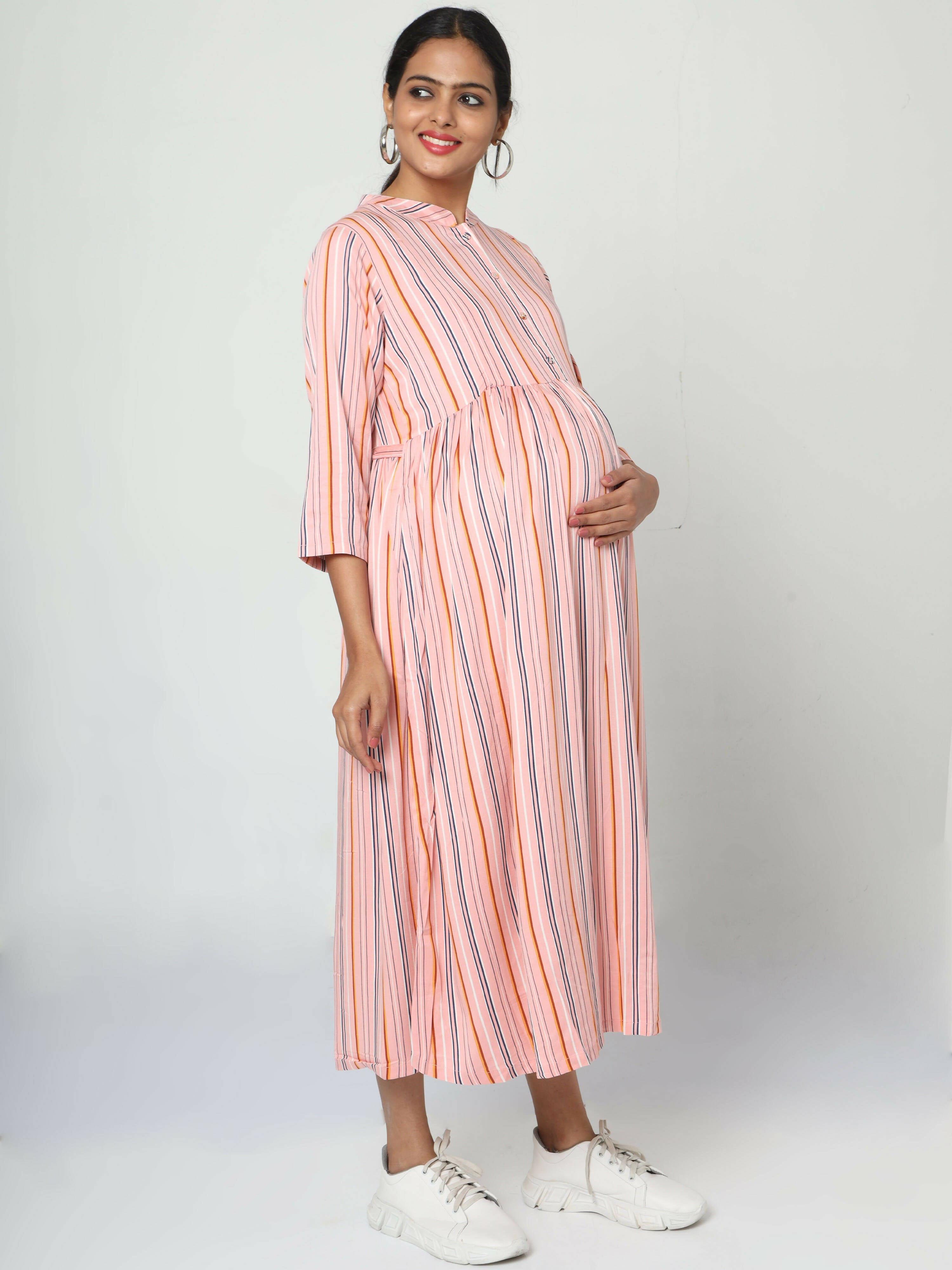 Manet Three Fourth Maternity Dress Strip Print With Concealed Zipper Nursing Access - Pink | Grocsy