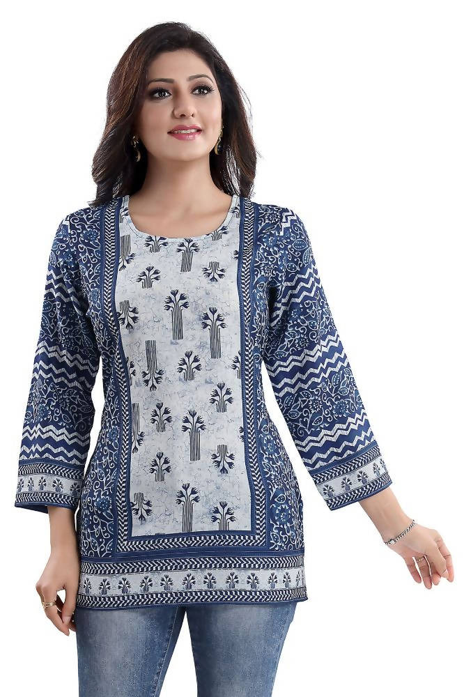 Snehal Creations Stylista Indigo Blue Summer Cool Printed Tunic Top | Grocsy