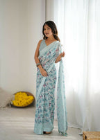 PR Fashion Sky_Blue Bright Moss Satin Patta Printed Saree | Grocsy