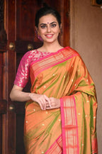Very Much Indian Handloom Yeola Pure Silk Paithani - Dual Tone Green Pink | Grocsy