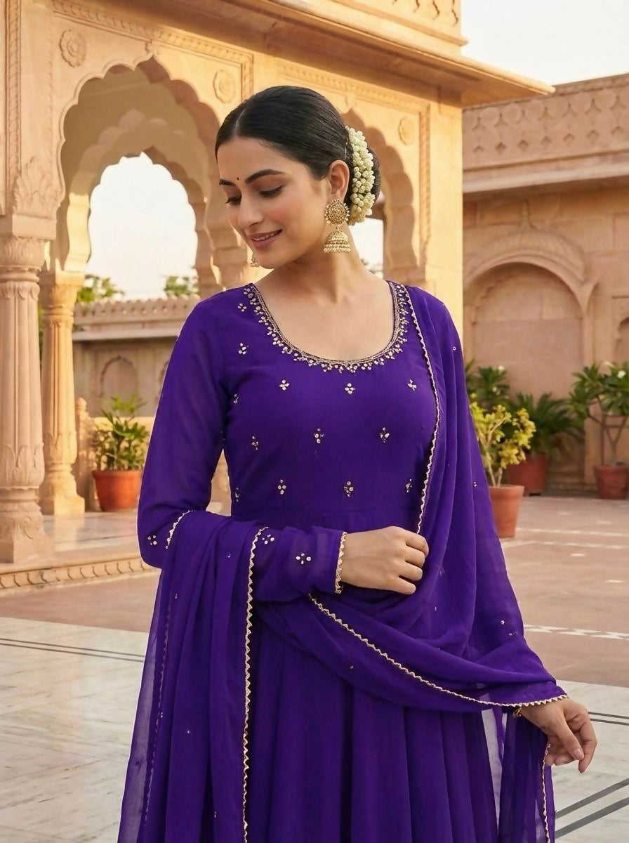 Teeya Creation Womens New Fancy Fox Georgette Heavy Quality Fabricw With Handwork Purple Gown Set | Grocsy