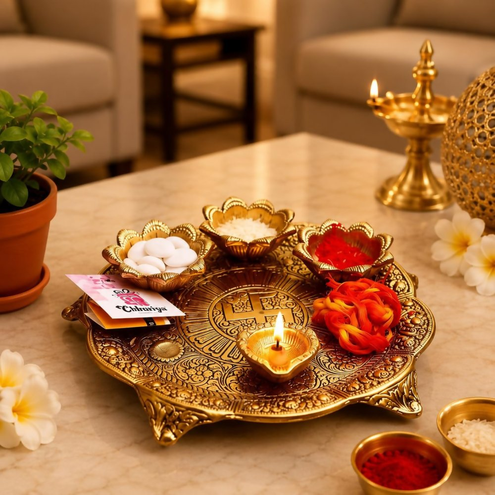 Chhariya Crafts Metal Pooja Thali With Diya | Grocsy