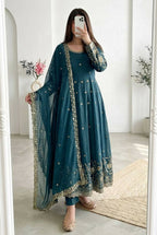 Teeya Creation New Stylish Trendy Elegant Teal Embroidered Anarkali Suit with Dupatta | Grocsy