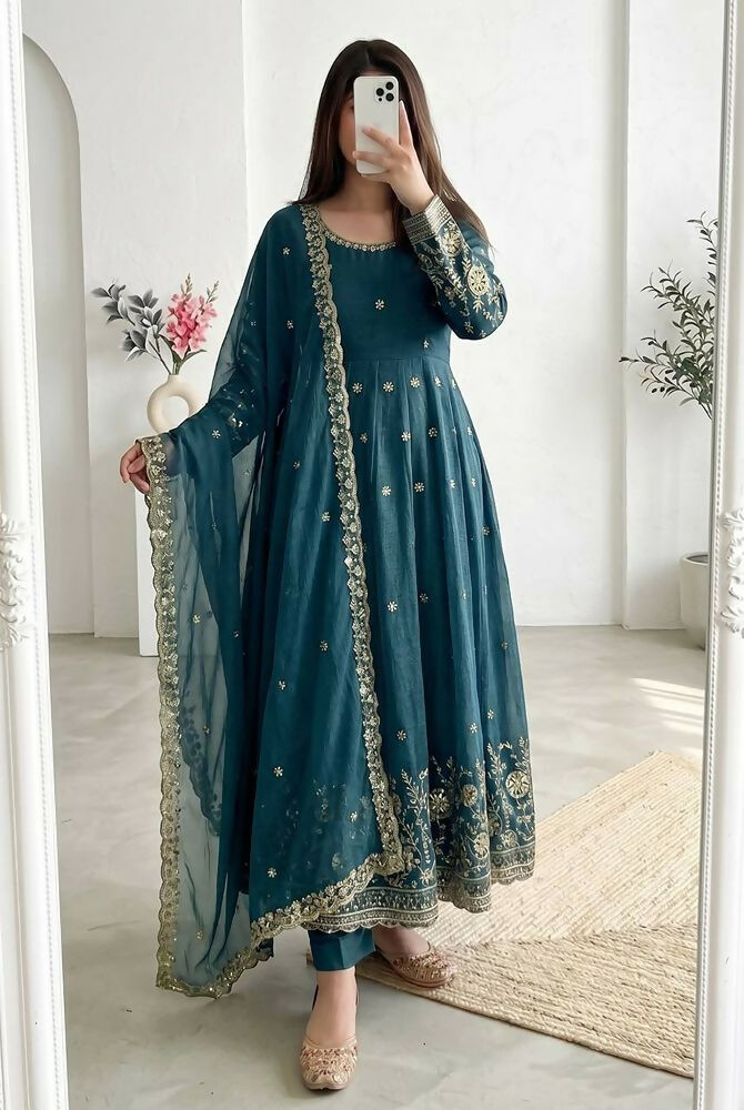 Teeya Creation New Stylish Trendy Elegant Teal Embroidered Anarkali Suit with Dupatta | Grocsy