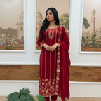 Joban Fashion Red Velvet Embroidery Sequence Work Readymade Kurta Set | Grocsy