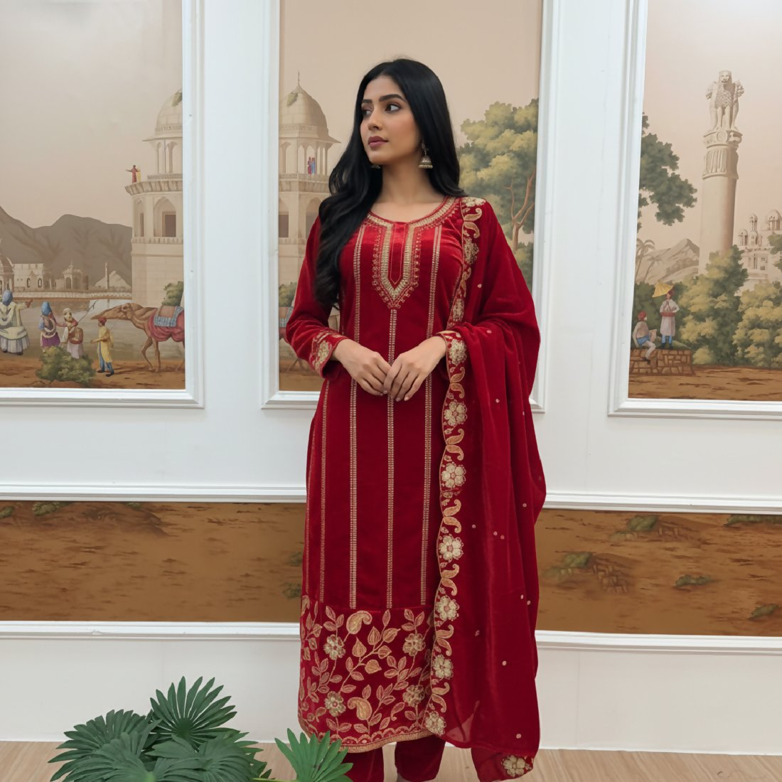 Joban Fashion Red Velvet Embroidery Sequence Work Readymade Kurta Set | Grocsy