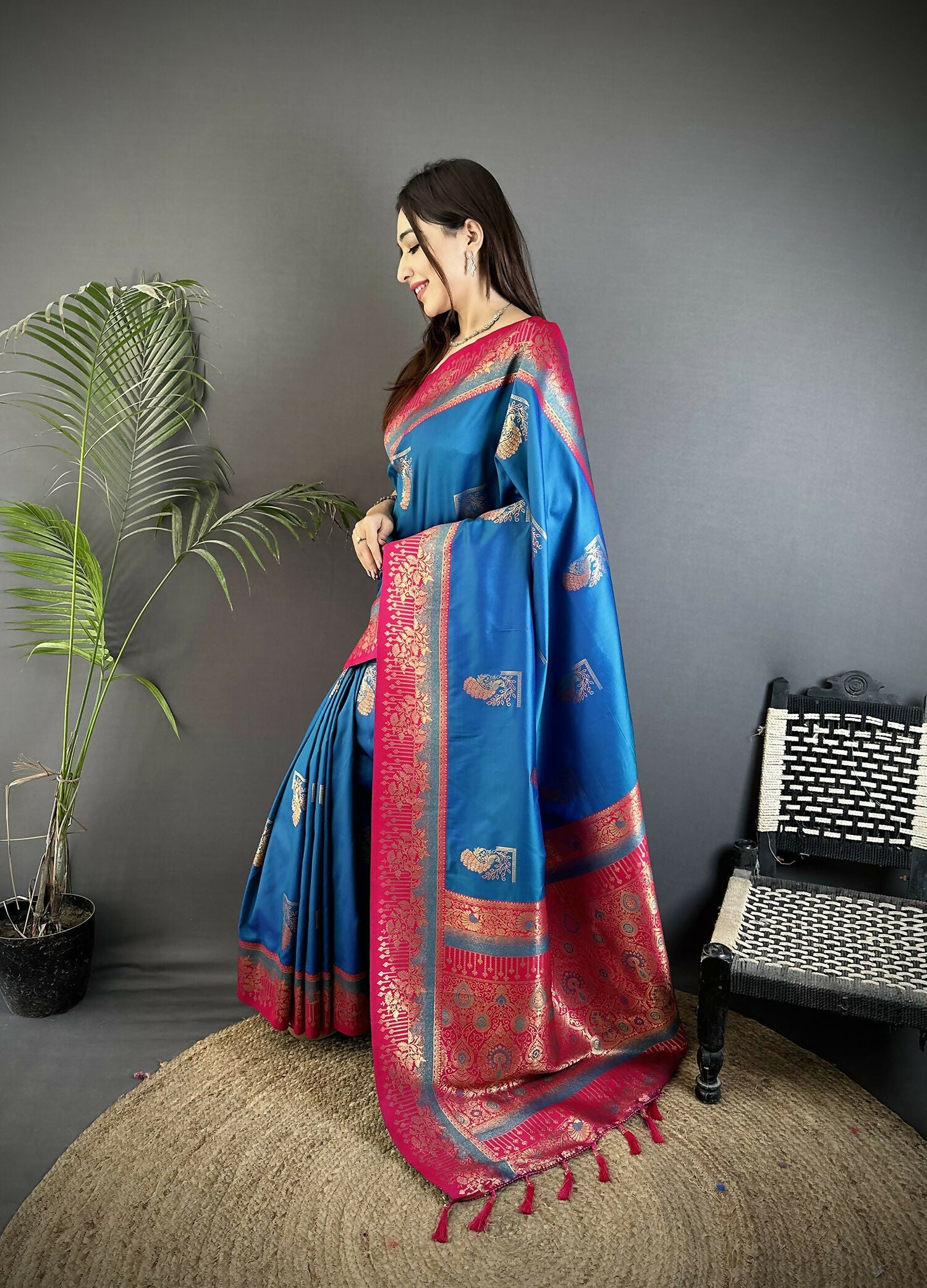 Joban Fashion Royal Blue Banarasi Soft Silk Peacock Butta Work Saree | Grocsy