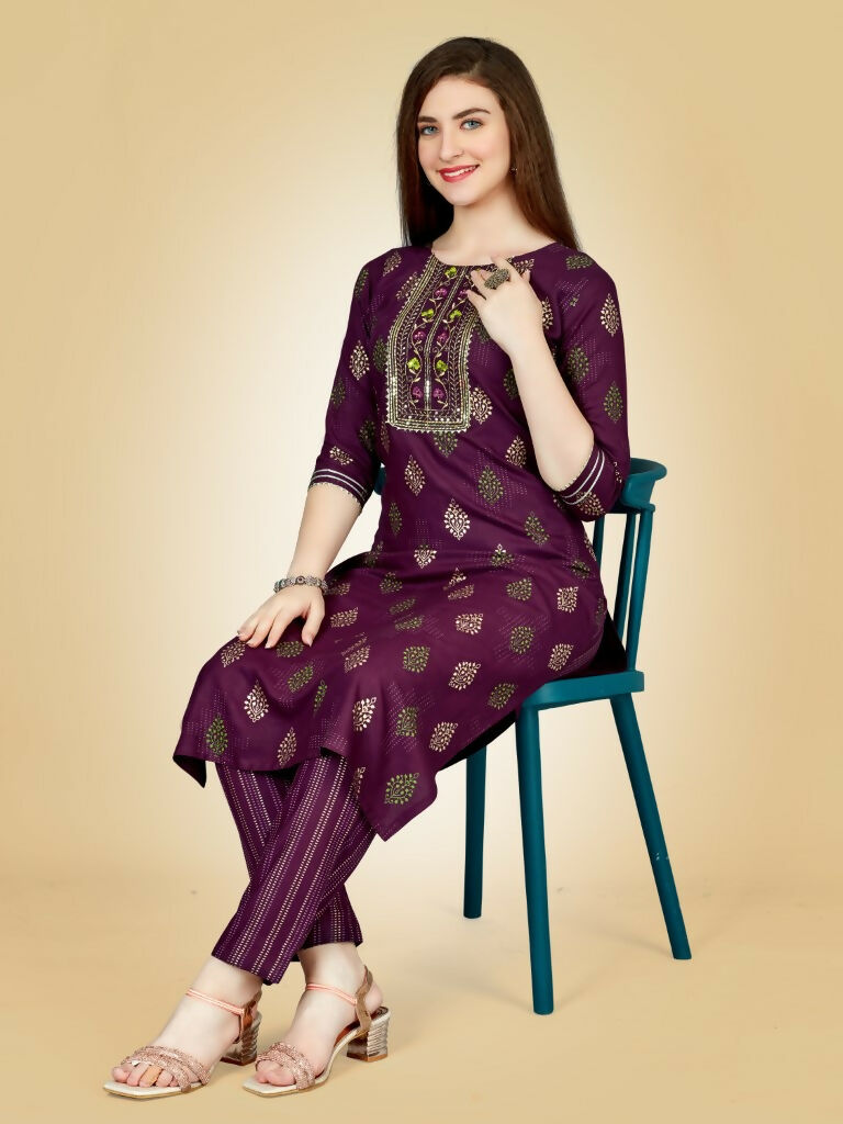 Jyoti Fashion Women's Wine Viscose Rayon Embroidered Kurta Pant Set | Grocsy