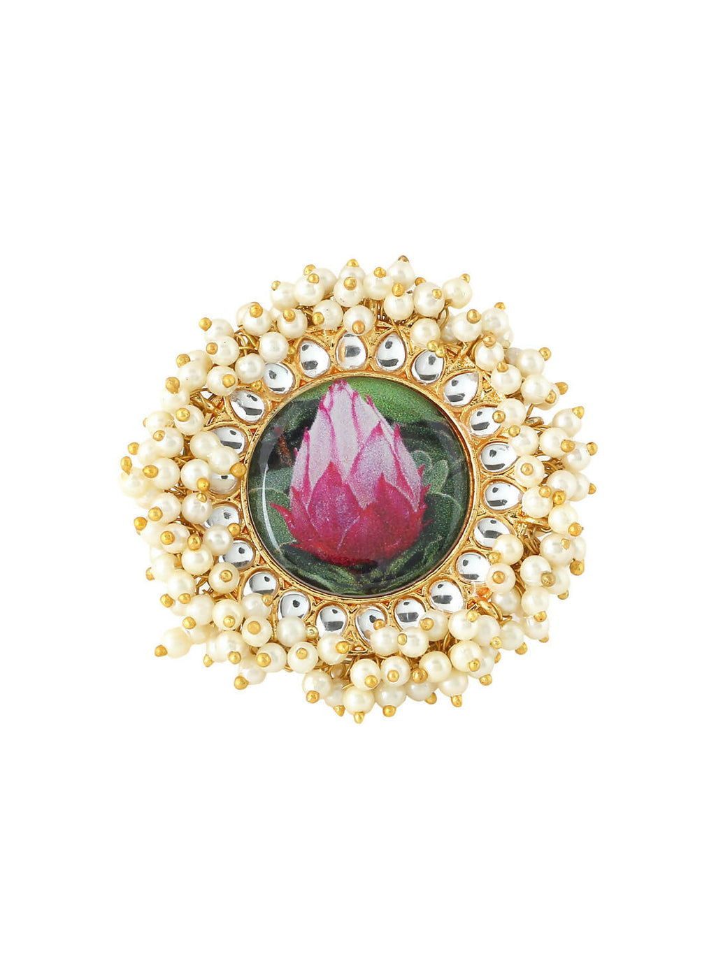 NVR Women's Traditional Ethnic Kundan Meenakari Gold-Polished Ajustable Finger Ring | Grocsy