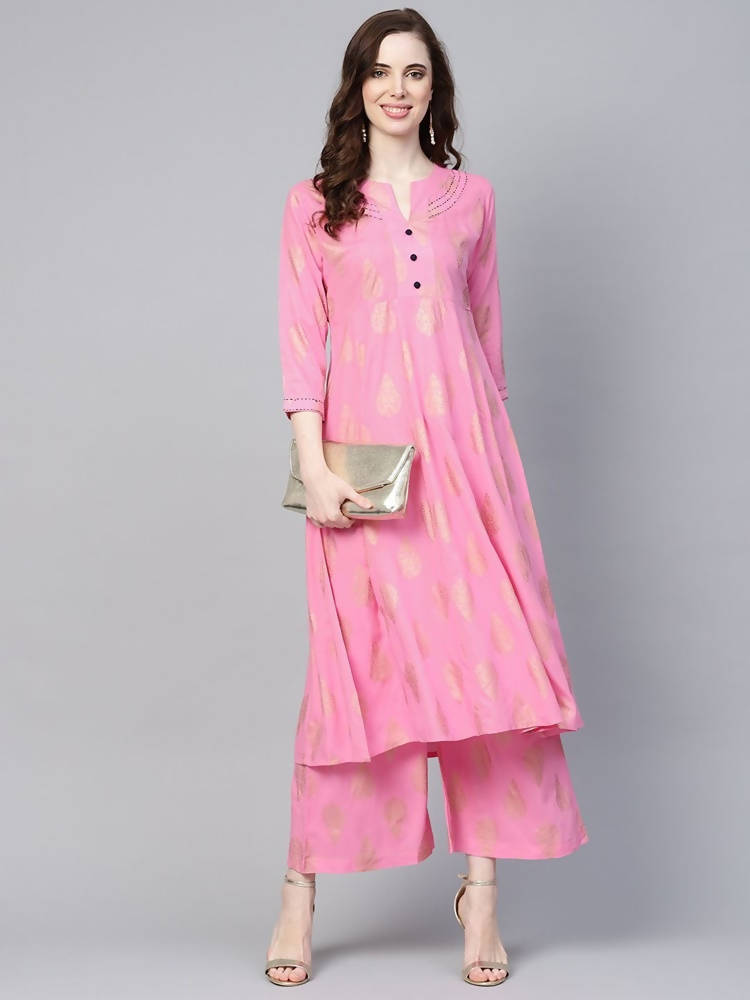 Yufta Women Pink & Golden Printed Kurta with Palazzo | Grocsy