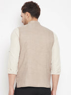 Even Apparels Cream Linen Men's Nehru Jacket-Contrast Lining-Inbuilt Pocket Square | Grocsy