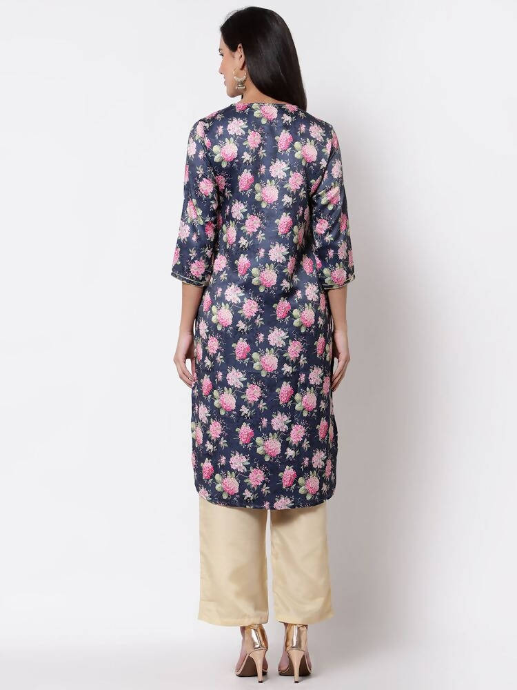 Myshka Silk Printed 3/4 Sleeve Round Neck Casual Blue Women's Kurta | Grocsy