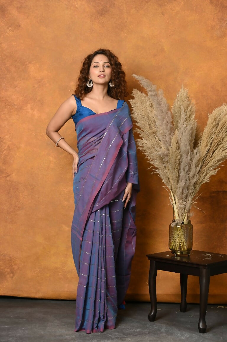 Very Much Indian Designer Mul Cotton Handloom Saree with Sequins - Purple | Grocsy