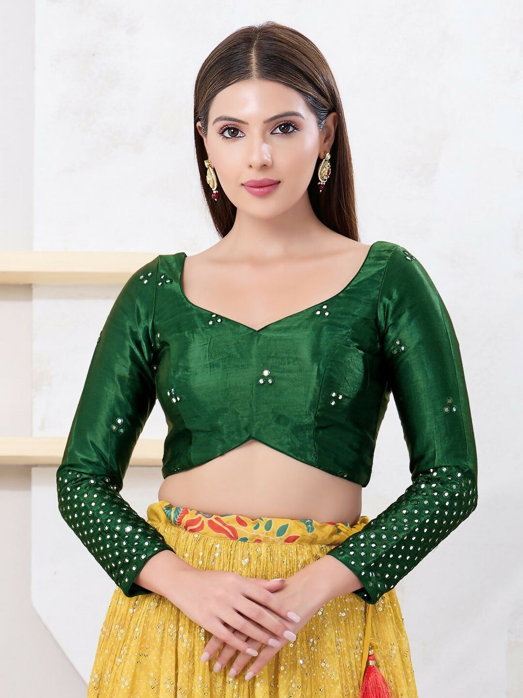 Joban Fashion Bottle-Green Gajji Silk Elbow Sleeveless Back Open Blouse | Grocsy