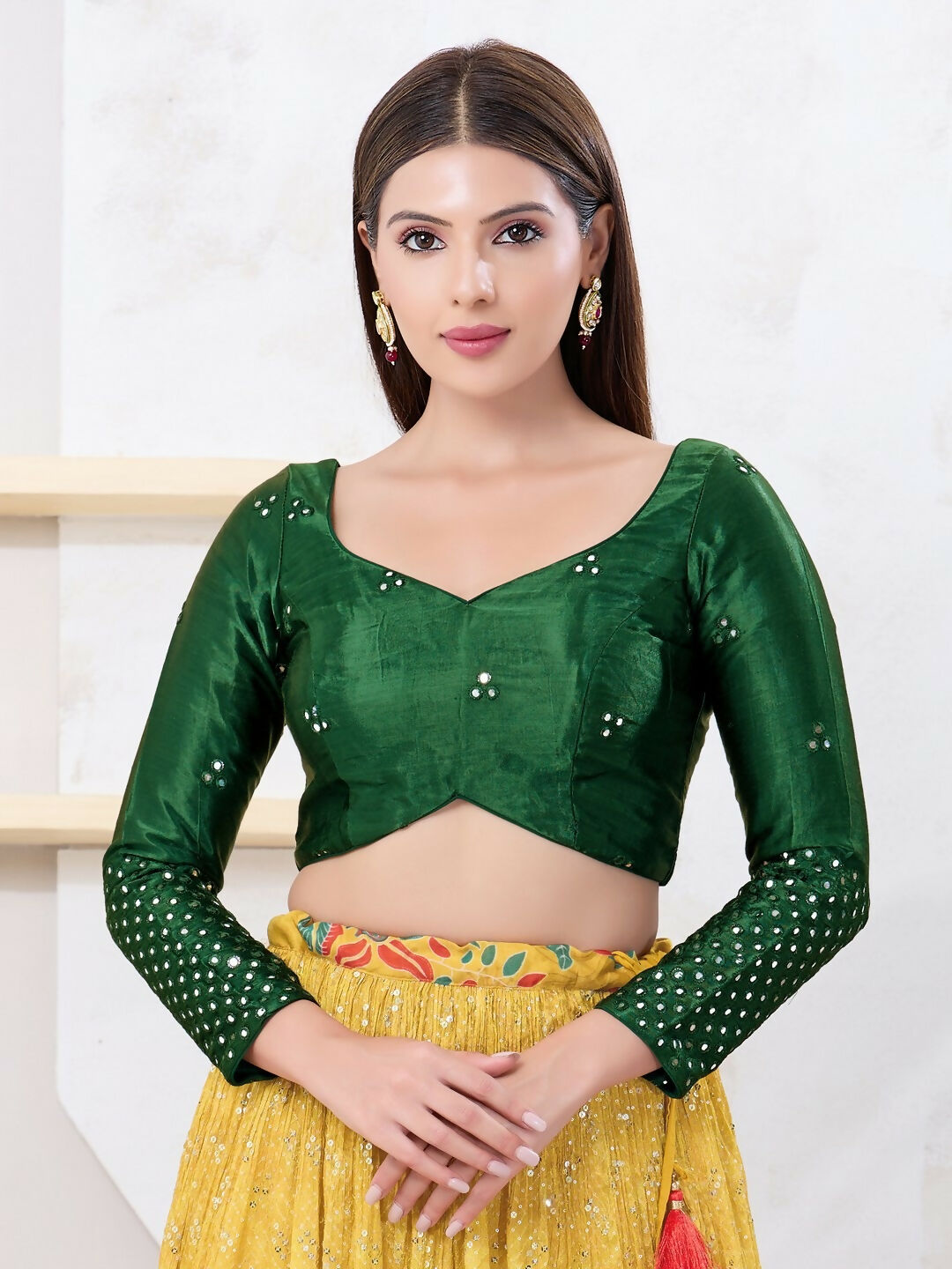 Joban Fashion Bottle-Green Gajji Silk Elbow Sleeveless Back Open Blouse | Grocsy