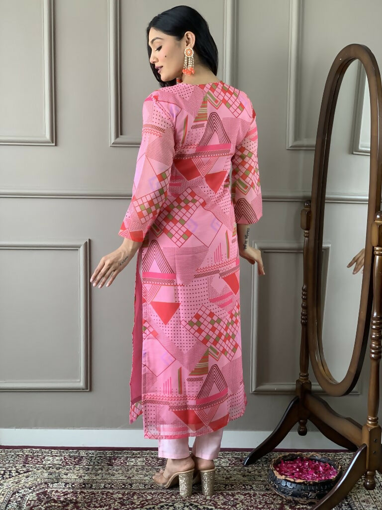 Multi Pink Viscose Chanderi Stitched Suit With Dupatta - Tanisha | Grocsy