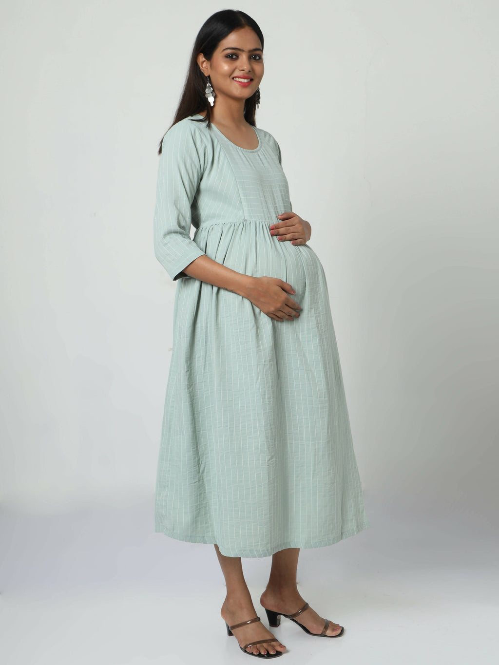 Manet Three Fourth Maternity Dress Striped With Concealed Zipper Nursing Access - Pista Green | Grocsy
