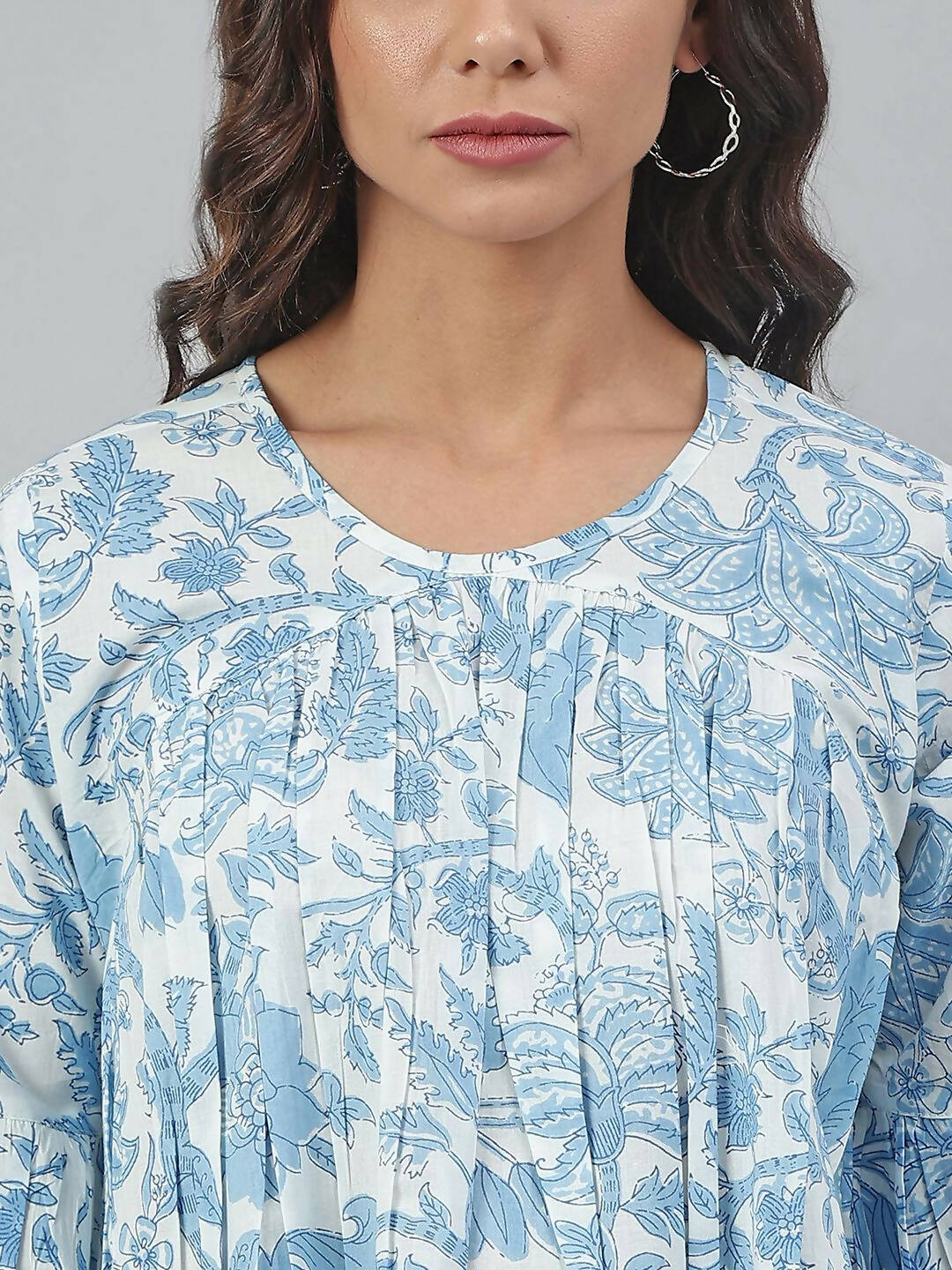 Janasya Women's White Cotton Floral Print Tiered Top | Grocsy