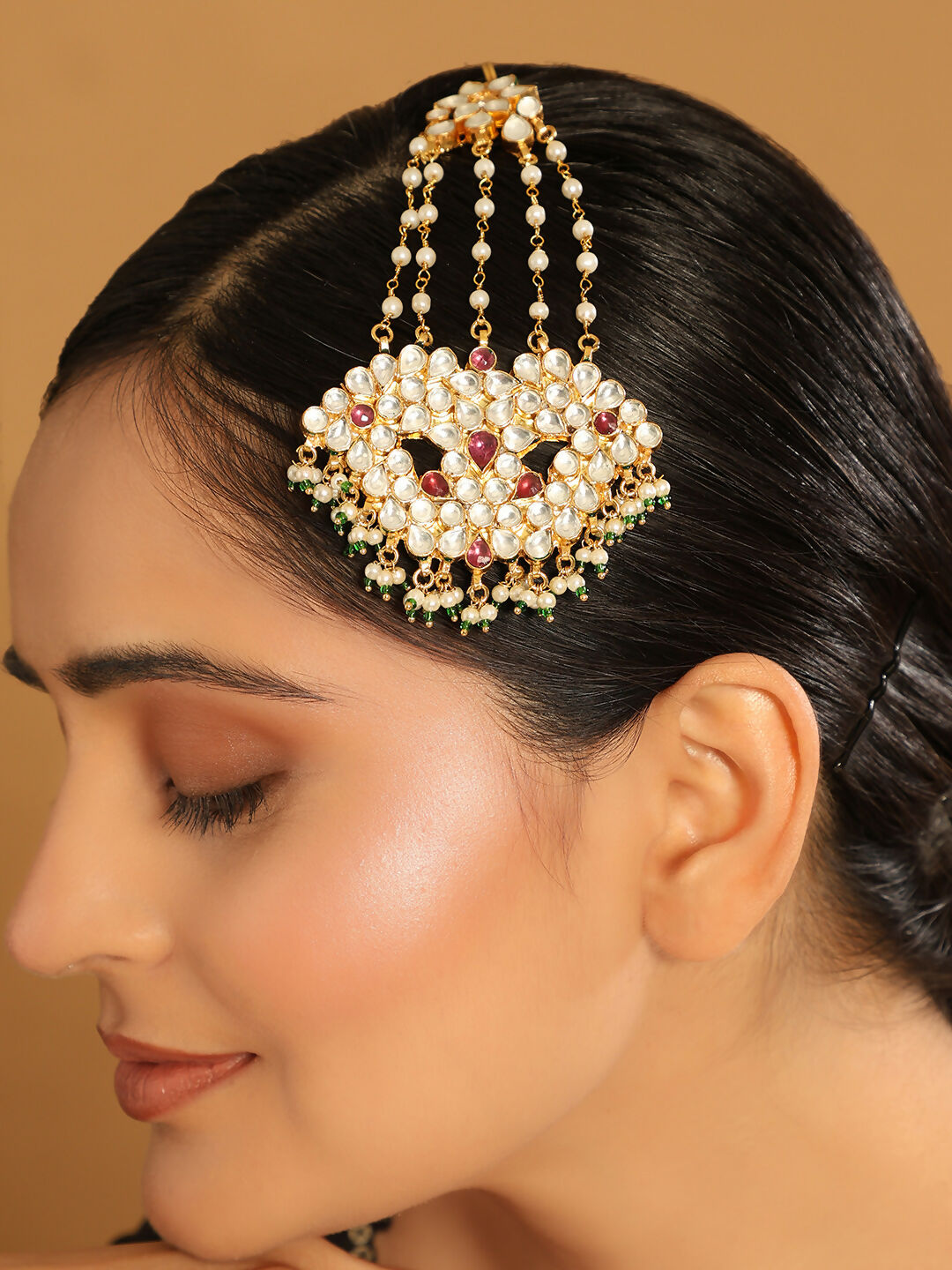 Nuyug 22K Gold-Plated Kundan & Red Stone Studded Jhumar Paasa Head Jewellery | Grocsy
