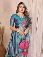 Aastha Fashion Aqua Banarasi Tissue Silk Weaving Saree | Grocsy