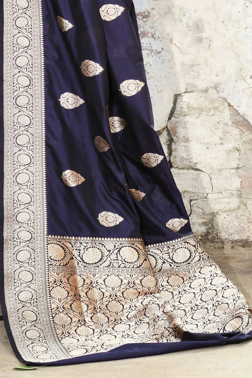Joban Fashion Navy Blue Pure Katan Pure Handloom Banarasi Silk Saree | Grocsy