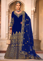 Blue Velvet Front & Back Embroidery Wedding Anarkali Suit - Emponline | Grocsy