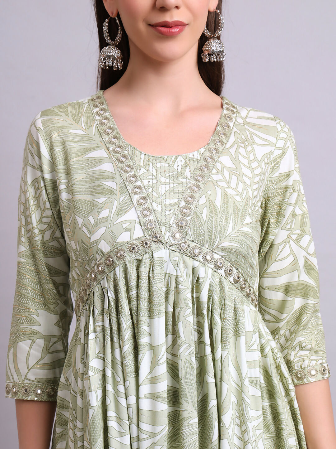 Joban Fashion Green Cotton Floral Printed & Embroidery Work Anarkali Kurta With Trousers & Dupatta Set | Grocsy