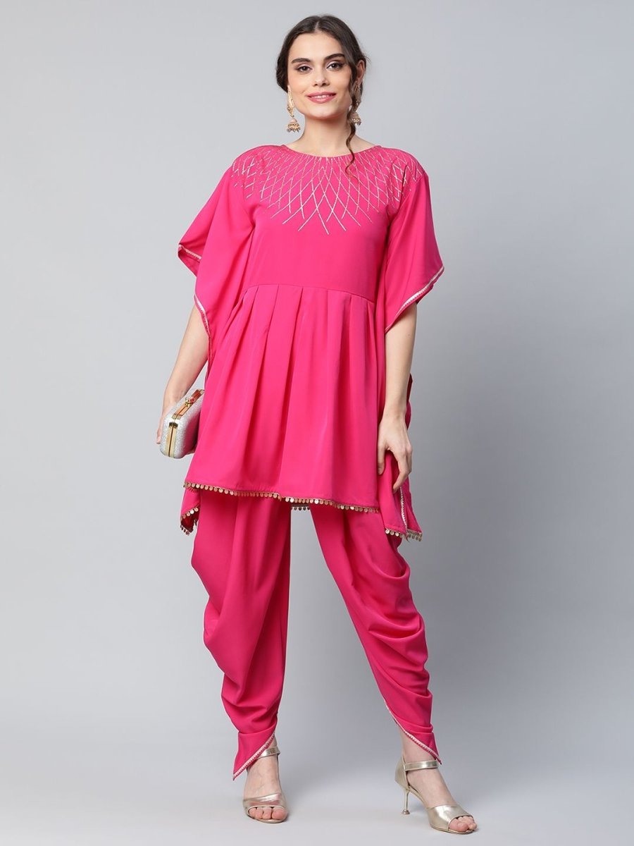 Ahalyaa Women Pink Crepe Glitter Printed Kurta with Dhoti Pants | Grocsy