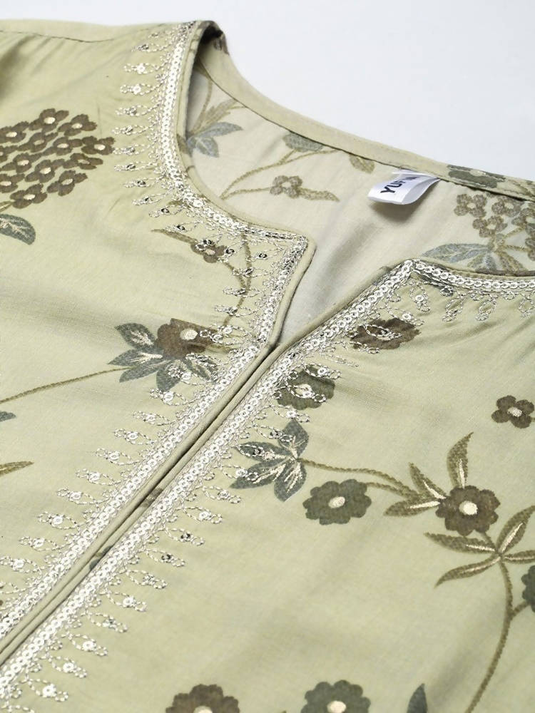 Yufta Women Olive Green Floral Printed Sequined Pure Silk Kurta with Palazzo and Dupatta | Grocsy