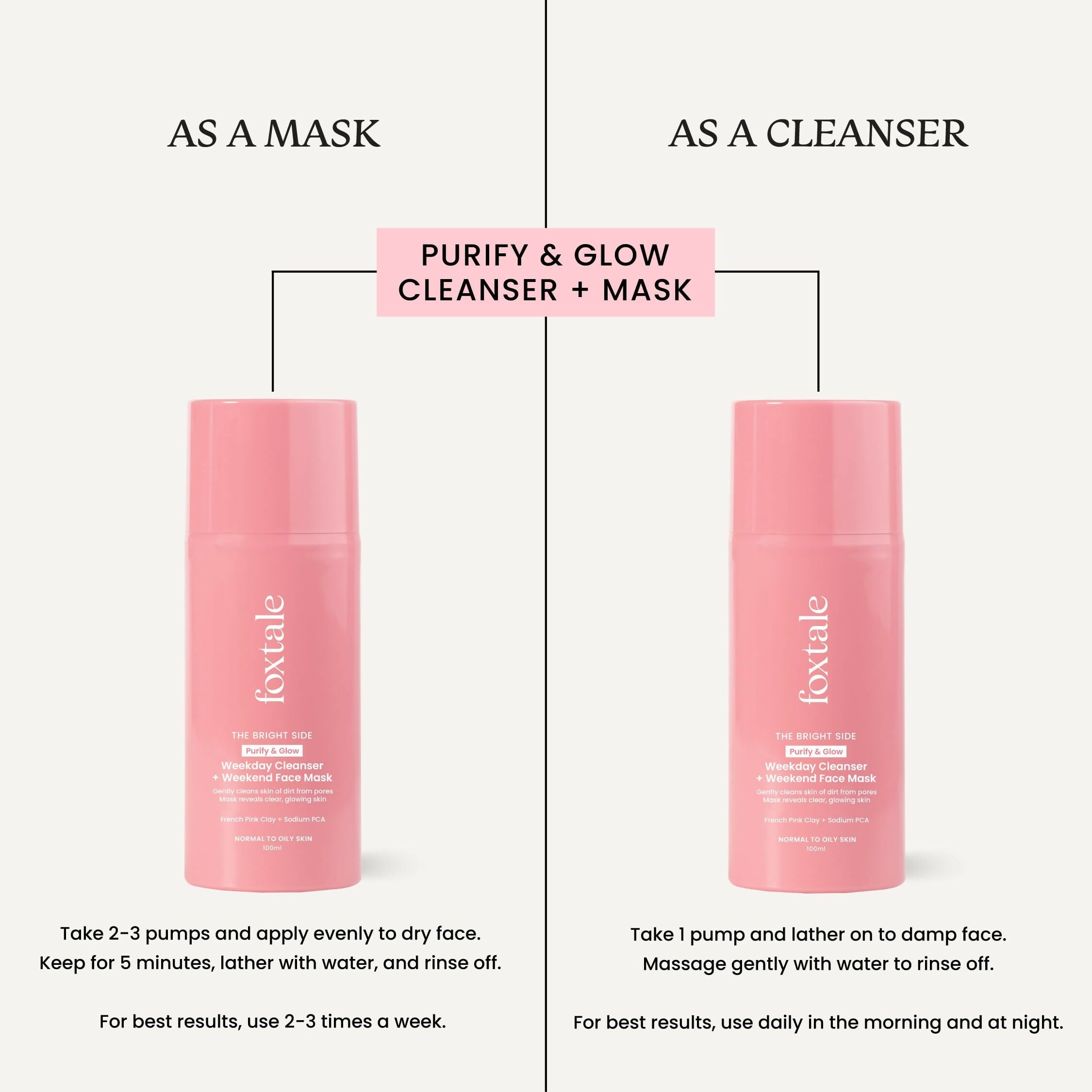 Foxtale Purify & Glow Cleanser + Mask With French Pink Clay & Sodium | Grocsy