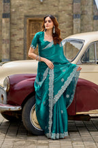 Vastranavya Rama Embroidery Work Shimmer Chiffon Saree with Unstitched Blouse | Grocsy