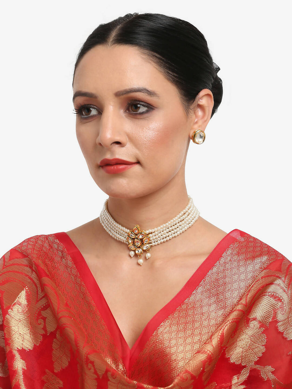 Gold-Polished White Pearl Kundan Choker With Studs - Ruby Raang | Grocsy