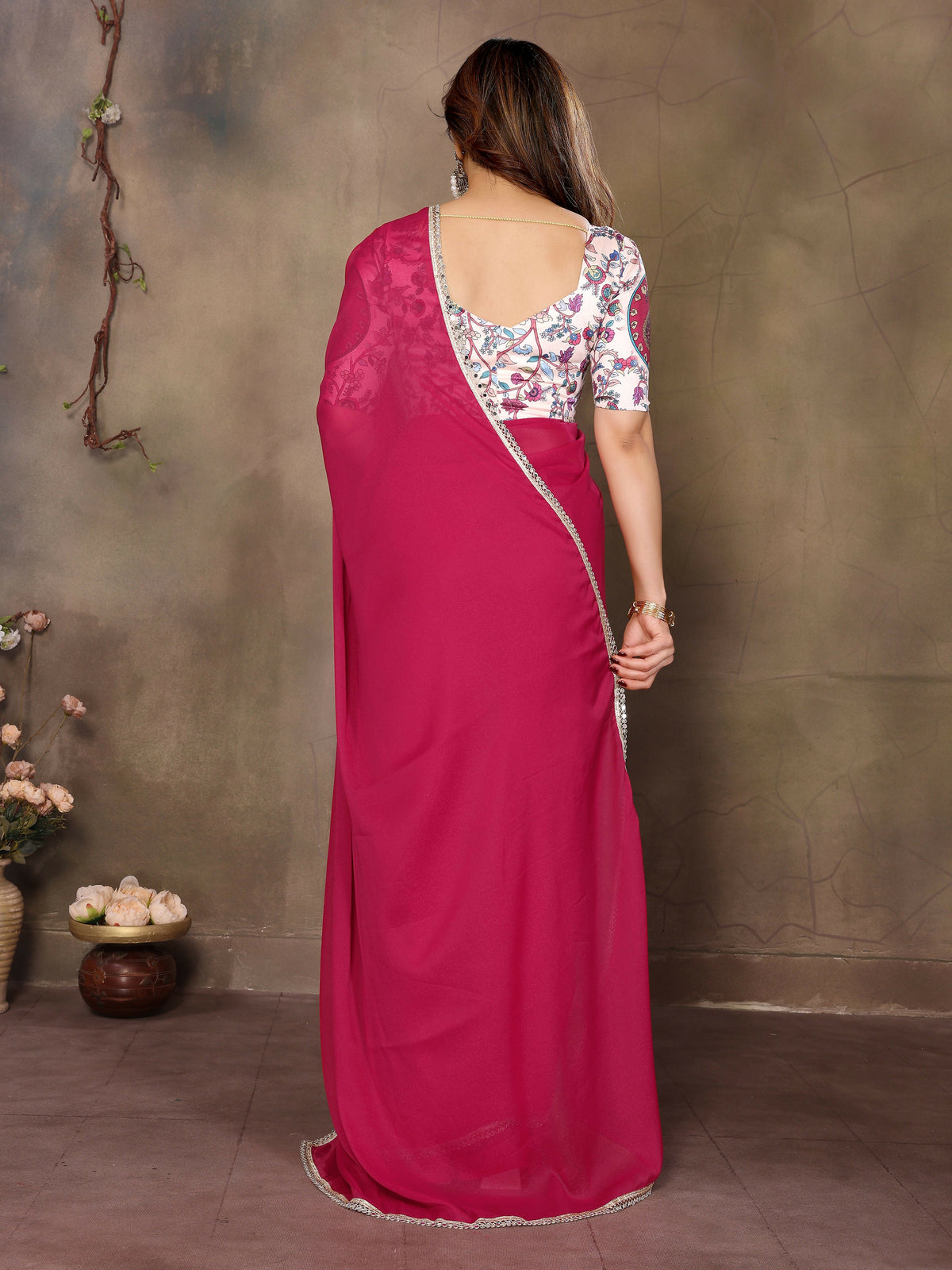 Partywear traditional Georgette Pink Fancy Saree - Anbazaar | Grocsy