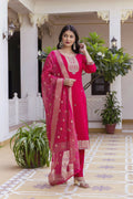 The52 Women's Beautiful Embroidery Work Viscose Chanderi Fabric Straight Kurta Pant and Dupatta Set-Red | Grocsy