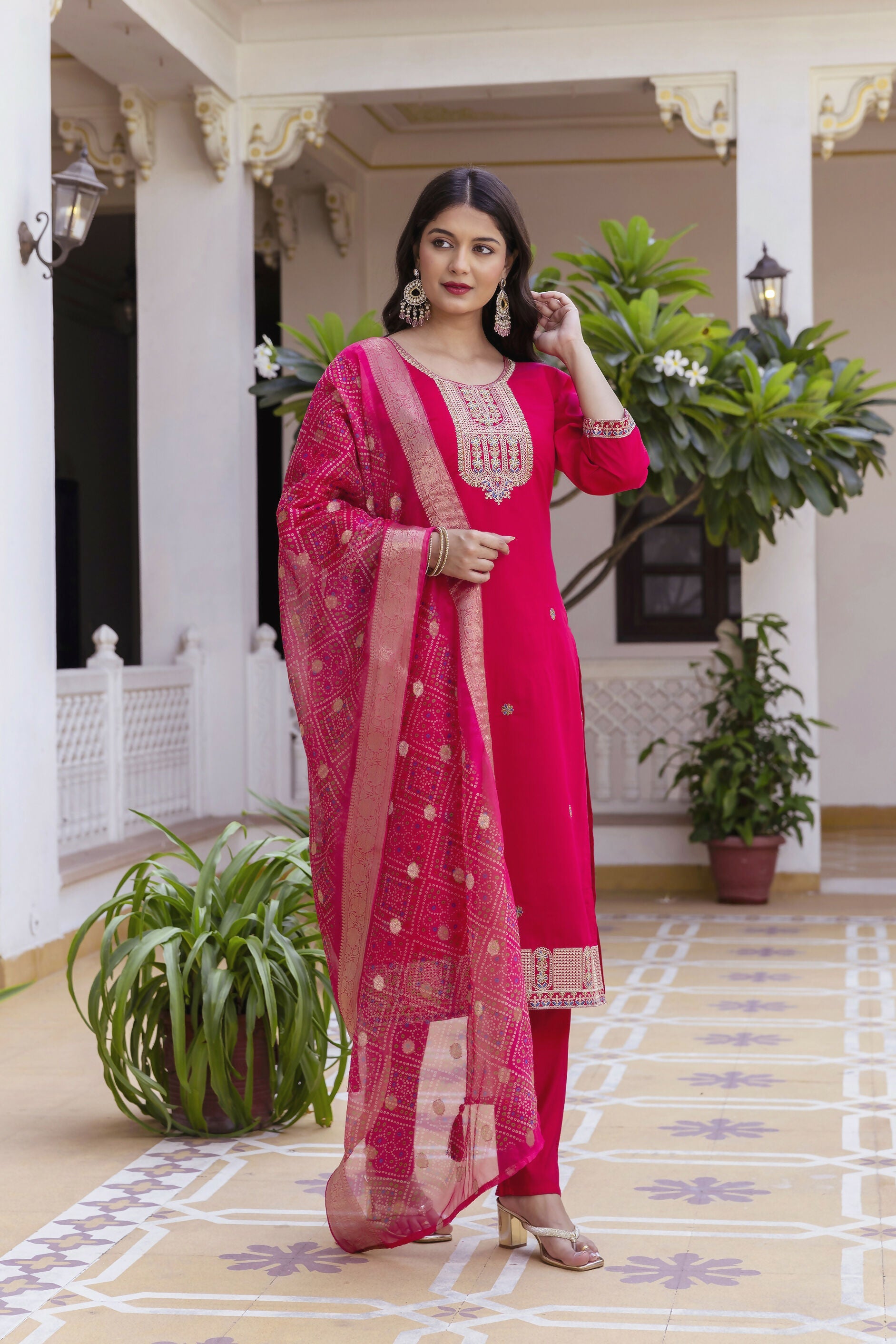 The52 Women's Beautiful Embroidery Work Viscose Chanderi Fabric Straight Kurta Pant and Dupatta Set-Red | Grocsy