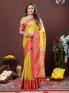 Lorenvalley Fashion Yellow Kanjivaram Silk Woven Design with Zari Weaving Saree | Grocsy