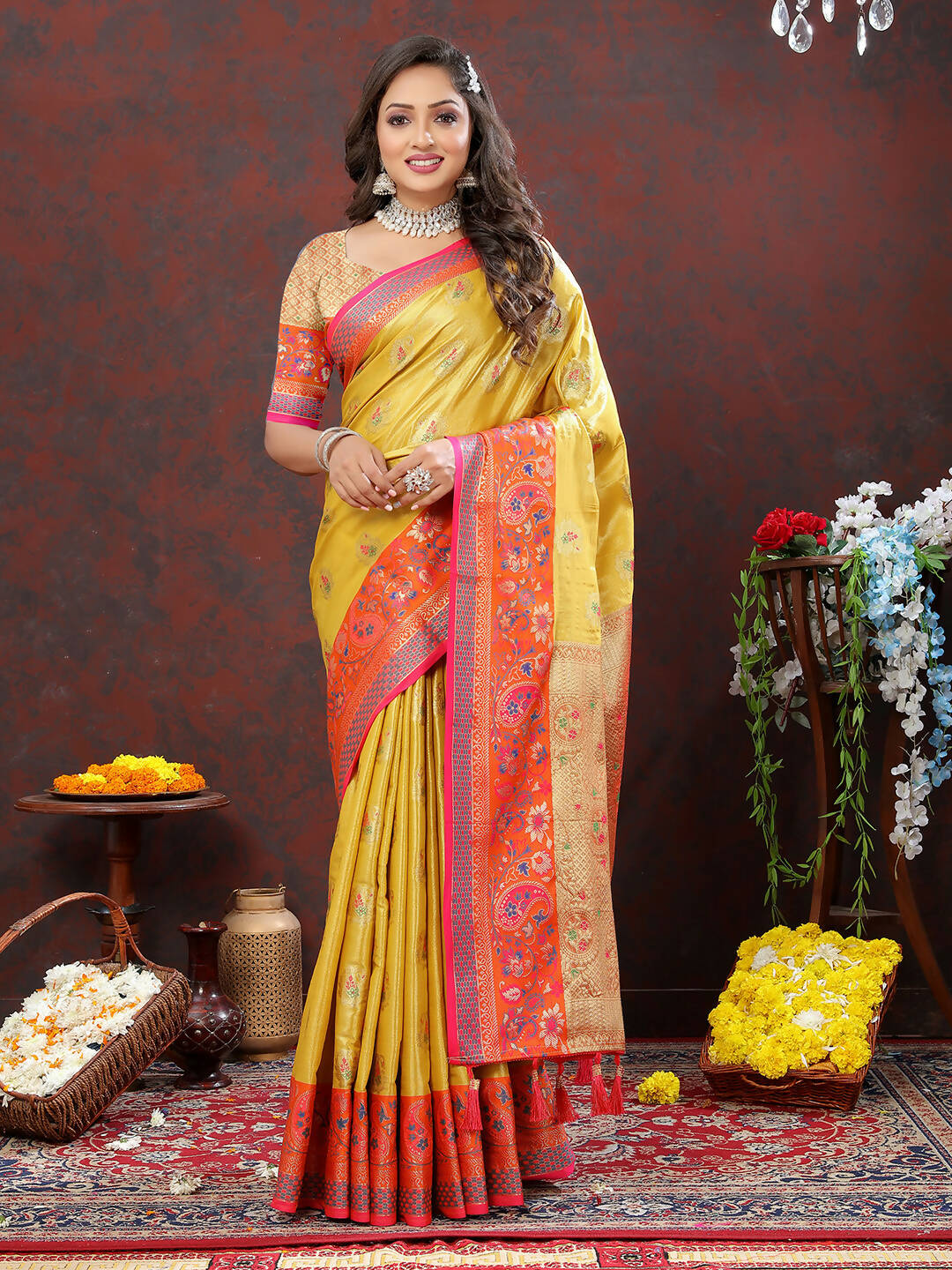 Lorenvalley Fashion Yellow Kanjivaram Silk Woven Design with Zari Weaving Saree | Grocsy