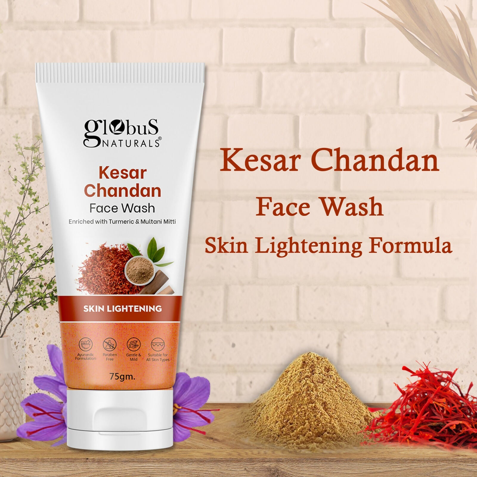 Globus Naturals Kesar Chandan Skin Lightening & Tan Removal Face wash, Suitable For All Skin Types | Grocsy