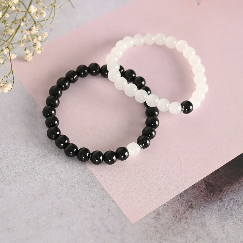 NVR Men & Women White & Black Marbel Crystal Elasticated Bracelet | Grocsy